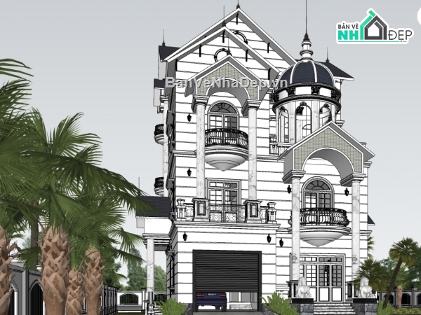 biệt thự 3 tầng,biệt thự cổ điển,Sketchup biệt thự cổ,biệt thự  3 tầng cổ điển,phối cảnh biệt thự 3 tầng