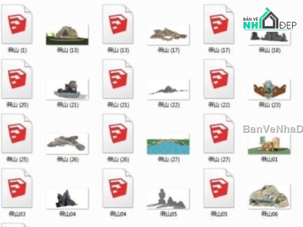 Hòn non bộ,bản vẽ hòn non bộ,Model Hòn non bộ,Sketchup hòn non bộ,thiết kế hòn non bộ