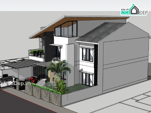 dựng bao cảnh biệt thự 2 tầng,file sketchup biệt thự 15.2x18.6m,dựng model 3d su biệt thự hiện đại