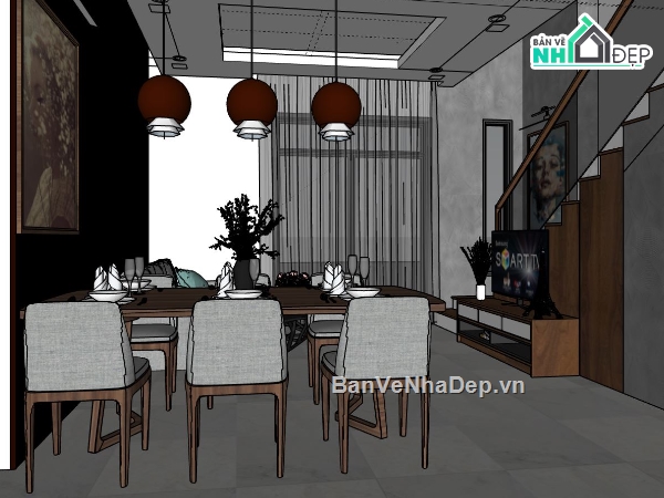 sketchup thiết kế nội thất,nội thất khách bếp hiện đại,sketchup nội thất phòng ngủ,phòng khách model su