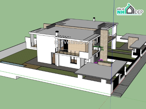 sketchup biệt thự 2 tầng,dựng 3d su biệt thự 2 tầng,nhà biệt thự dựng sketchup