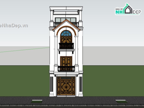 nhà phố  tân cổ điển,nhà phố 4 tầng,phối cảnh nhà phố đẹp,file sketchup nhà phố