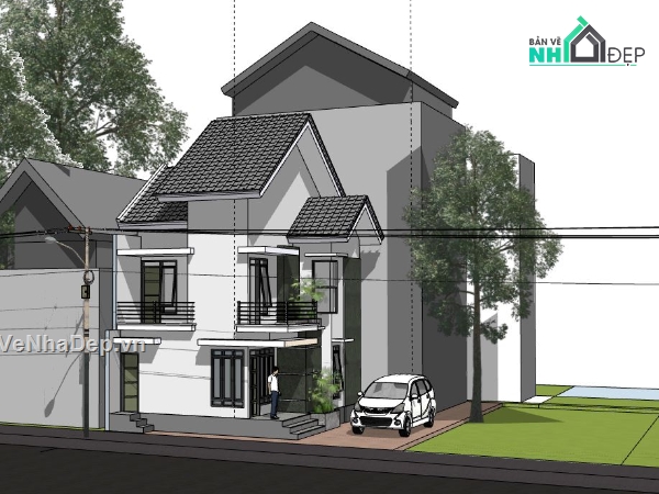 nhà phố 2 mặt tiền,nhà 2 tầng mặt phố,file su nhà phố 2 tầng,sketchup nhà phố 2 tầng,sketchup nhà phố 2 mặt tiền