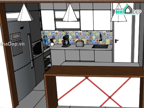 sketchup nhà bếp hiện đại,phối cảnh nhà bếp,mẫu 3d nhà bếp
