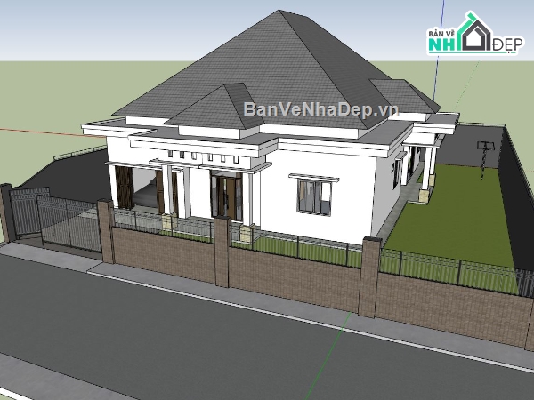 biệt thự 1 tầng,sketchup biệt thự 1 tầng,bản vẽ biệt thự 3d