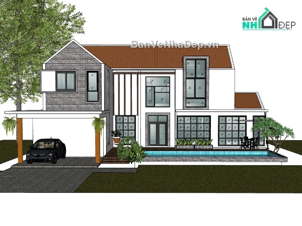 biệt thự 2 tầng,biệt thự sketchup,sketchup biệt thự,File sketchup biệt thự 2 tầng,sketchup biệt thự 2 tầng