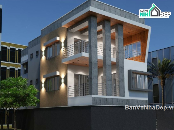 biệt thự 3 tầng,file sketchup biệt thự 3 tầng,phối cảnh biệt thự 3 tầng