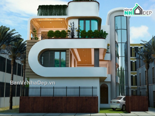 biệt thự 3 tầng,file sketchup biệt thự 3 tầng,phối cảnh biệt thự