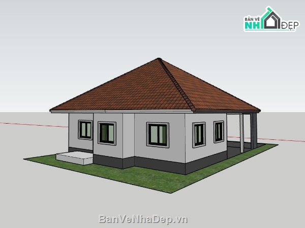 nhà cấp 4,nhà cấp 4 sketchup,phối cảnh nhà cấp 4 sketchup,thiết kế nhà cấp 4