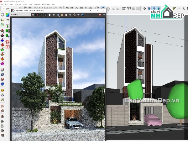 Model sketchup nhà phố 4 tầng,sketchup nhà 4 tầng,File sketchup nhà phố 4 tầng,phối cảnh nhà phố 4 tầng
