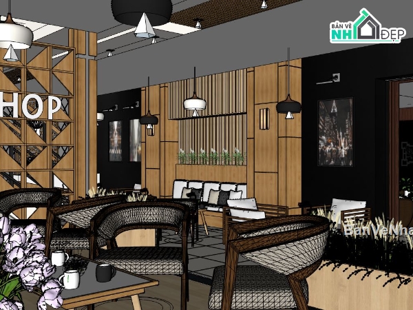 su quán cafe,file sketchup quán cafe,thiết kế quán cafe,model su cafe