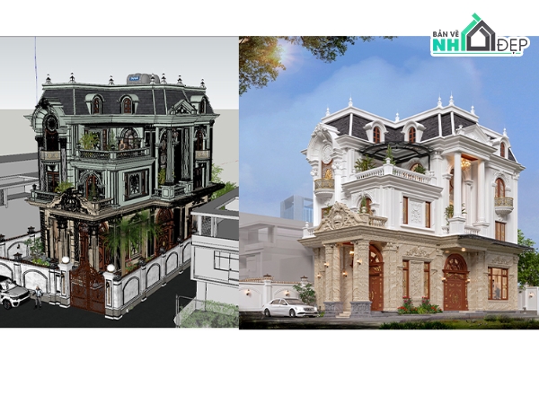 file sketchup biệt thự 4 tầng,biệt thự tân cổ điển,mẫu biệt thự 4 tầng