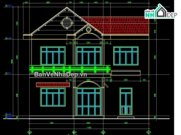 Bản vẽ,Biệt thự,kiến trúc 2 tầng,kiến trúc tầng mái,2 tầng mái thái,kiến trúc  nhà 2 tầng