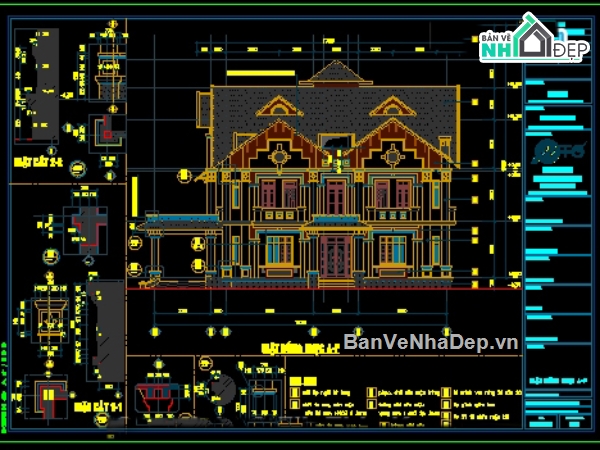 biệt thự đẹp 2 tầng,biệt thự 2 tầng kiểu kiến trúc pháp,kiến trúc biệt thự 2  tầng,bản vẻ cad kiến trúc pháp,bản vẽ autocad kiến trúc pháp