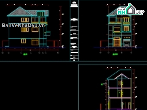 bản vẽ nhà ở,Bản vẽ autocad,nhà 3 tầng,nhà phố 3 tầng kích thước 7x12m