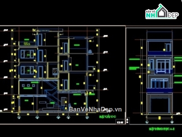 bản vẽ nhà lệch tầng 5.3 x 14.5m cao 4 tầng,nhà lệch tầng 5.3x14.5m,bả vẽ nhà 4 tầng (lệch tầng),nhà lệch tầng mặt tiền 5.3m