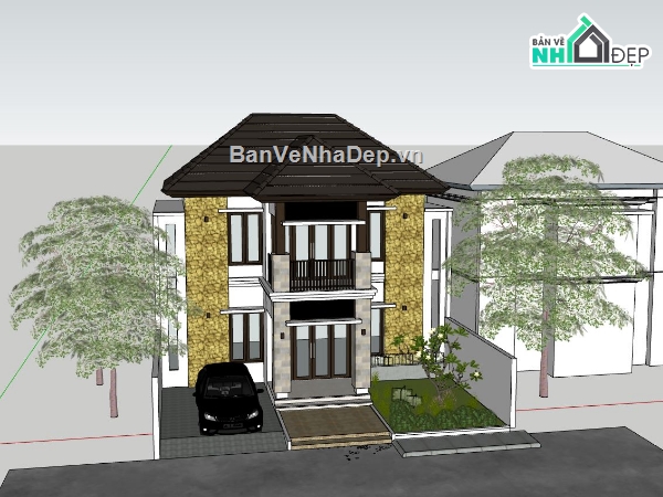 nhà phố 2 tầng,phối cảnh nhà phố,sketchup nhà phố 2 tầng,nhà phố hiện đại