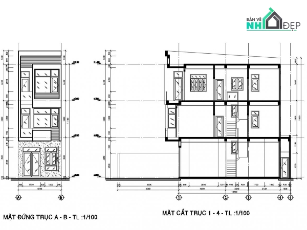 File cad, dự toán Nhà phố 3 tầng 4.2x11.3m Full kt, kc, điện, nước