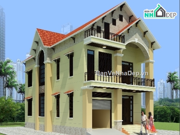 kiến trúc nhà 2 tầng,nhà kích thước 8 x 12.5m,nhà 2 tầng kiến trúc mái thái