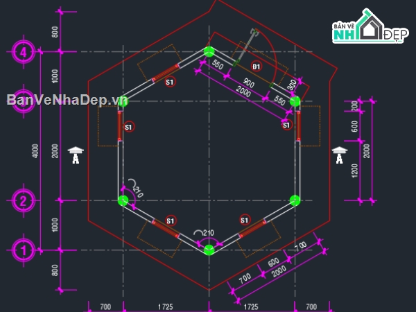 nhà bảo vệ,bản vẽ autocad nhà bảo vệ,bản vẽ nhà bảo vệ lục giác