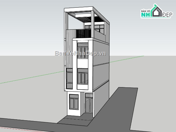 bản vẽ nhà phố 4 tầng,model sketchup nhà phố 4 tầng,phối cảnh nhà phố 4 tầng