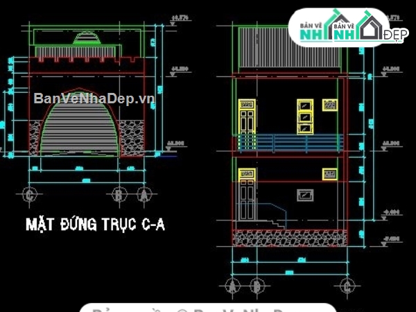 Bản vẽ nhà phố,Bản vẽ nhà trệt,nhà ở tầng trệt,đường cao hơn mặt nền nhà