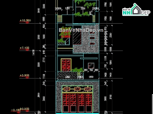 Bản vẽ nhà phố 4 tầng,file cad nhà phố 4 tầng,Bản vẽ nhà phố 4 tầng kt 5x19.8m,full nhà phố Kiến trúc+ kết cấu