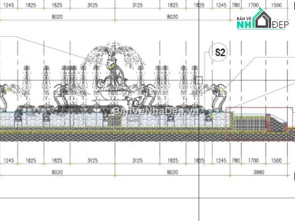 đài phun nước bát giác,đài phun nước file cad,bản vẽ đài phun nước bát giác