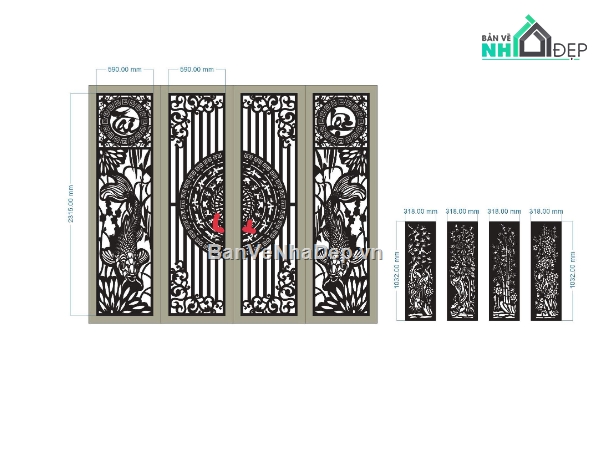 cổng trống đồng cnc,cổng 4 cánh cnc,cổng cá chép