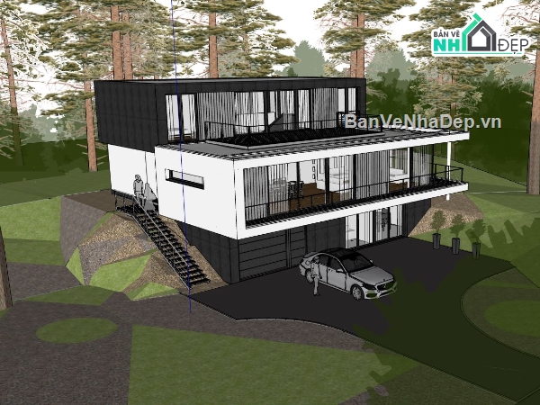 biệt thự sketchup,File sketchup biệt thự 2 tầng,sketchup biệt thự 2 tầng