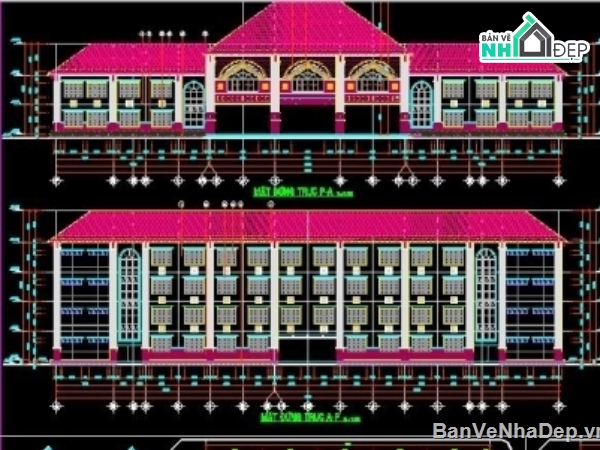 file cad trường tiểu học,trường học 2 tầng,thiết kế trường học,bản vẽ trường học