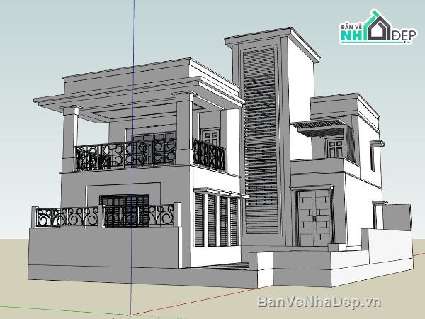 biệt thự 2 tầng,biệt thự sketchup hiện đại,bản vẽ biệt thự 3d
