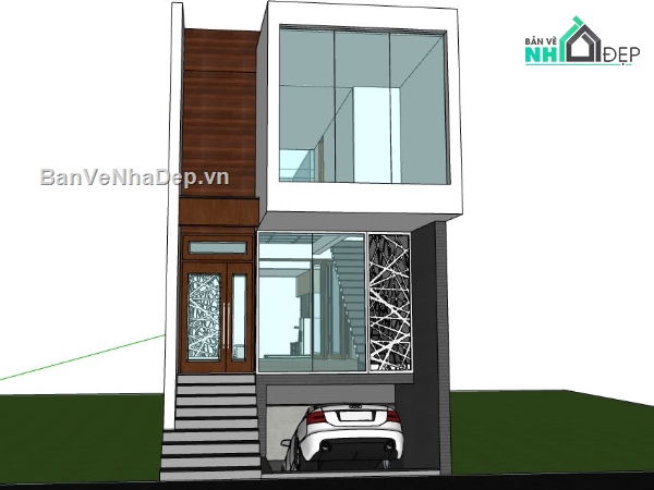 nhà phố 2 tầng,file sketchup nhà phố,nhà phố hiện đại,phối cảnh nhà phố