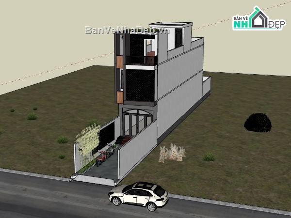 nhà phố 3 tầng,file sketchup nhà phố,phối cảnh nhà phố 3 tầng