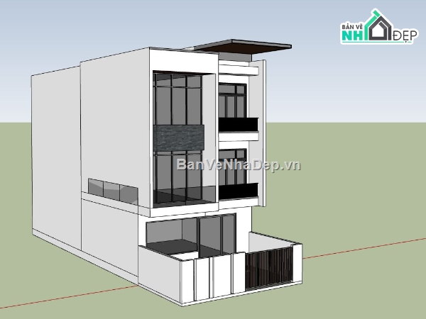 nhà phố 3 tầng,nhà 3 tầng mái bằng,sketchup nhà phố 3 tầng,phối cảnh nhà phố