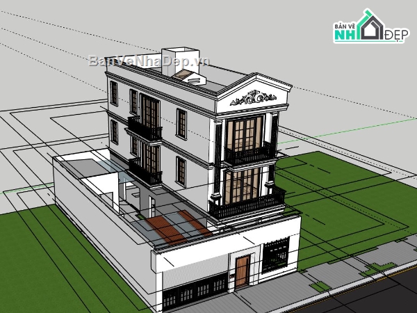 nhà 3 tầng,sketchup nhà 3 tầng,phối cảnh nhà 3 tầng,nhà 3 tầng tân cổ điển