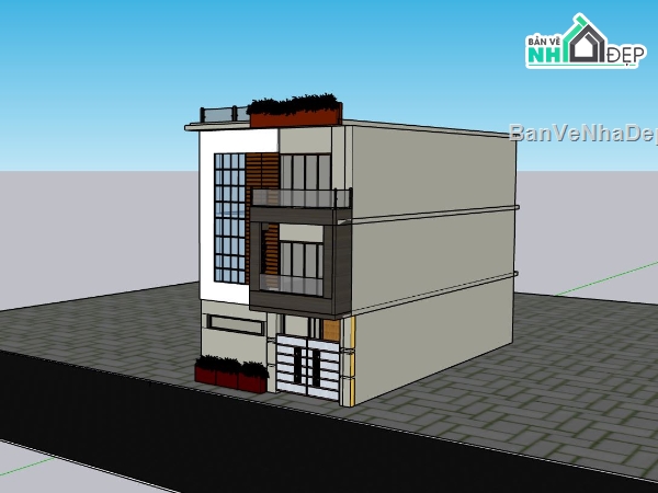 nhà phố 3 tầng,sketchup nhà phố 3 tầng,nhà phố hiện đại