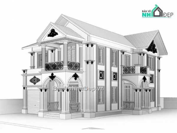 biệt thự 2 tầng,kiến trúc biệt thự 2 tầng,bản vẽ biệt thự