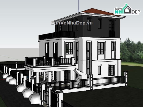 biệt thự 3 tầng sketchup,mẫu biệt thự 3 tầng su,phối cảnh biệt thự 3 tầng