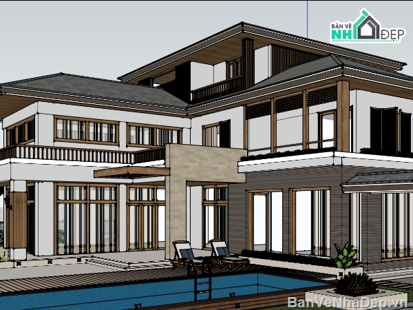 su biệt thự,sketchup biệt thự,biệt thự 3 tầng sân vườn
