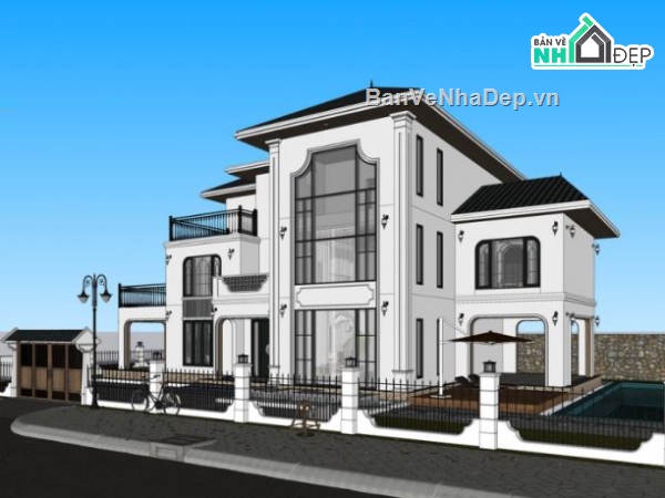biệt thự sketchup,File biệt thự sketchup,biệt thự indochine