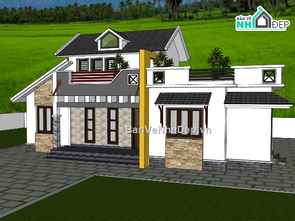 biệt thự 1 tầng,su biệt thự,sketchup biệt thự