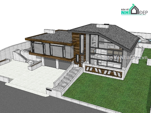 biệt thự 2 tầng,biệt thự hiện đại,sketchup biệt thự