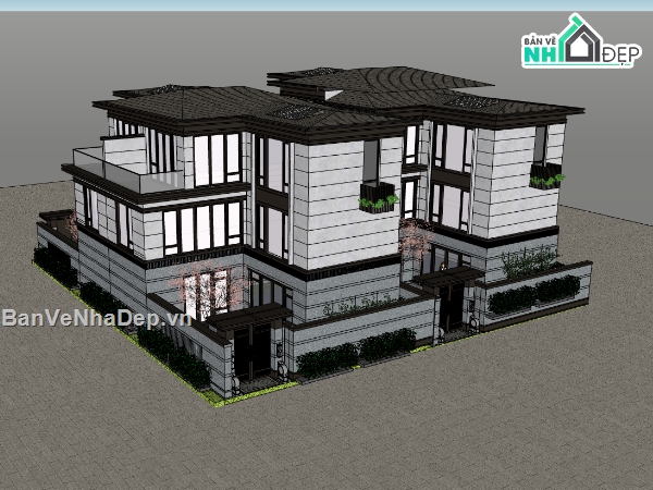 biệt thự 3 tầng,su biệt thự,sketchup biệt thự