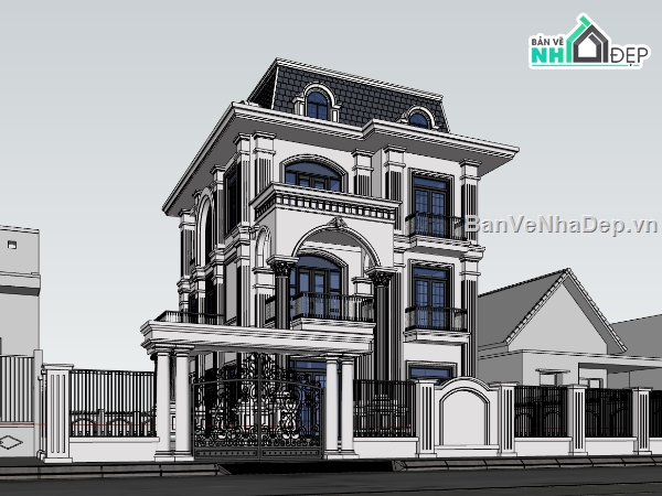 biệt thự 3 tầng,su biệt thự,sketchup biệt thự