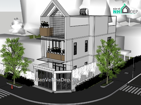 nhà phố 3 tầng,su nhà phố,sketchup nhà phố