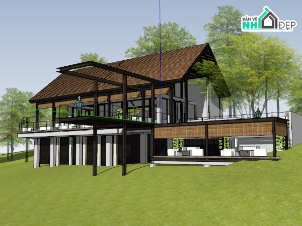 nhà gỗ,File sketchup nhà gỗ,File sketchup homestay,homestay sketchup