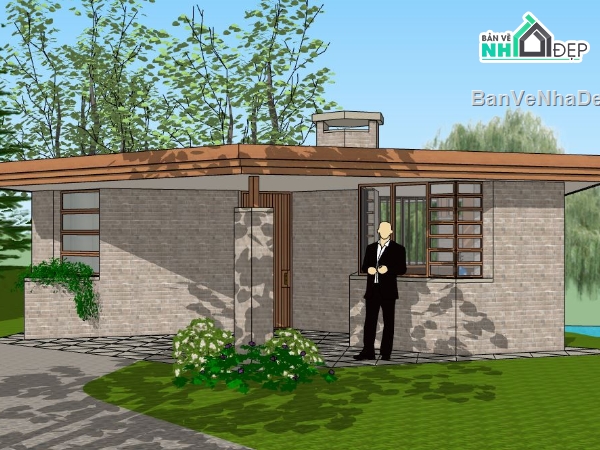 nhà cấp 4 đẹp,nhà cấp 4 sketchup,sketchup nhà cấp 4