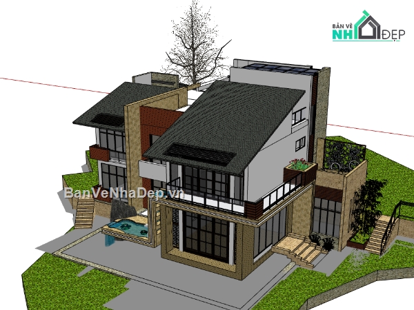 biệt thự 2 tầng,su biệt thự,sketchup biệt thự