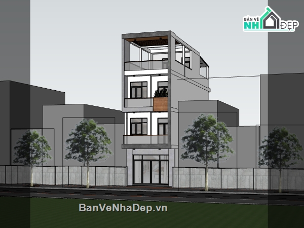 nhà phố 4 tầng,su nhà phố,sketchup nhà phố,nhà 4 tầng